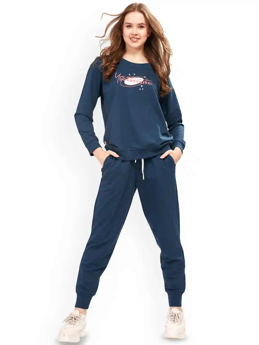 WEET Women Printed Mid-Rise Sweatshirt and Joggers Tracksuits
