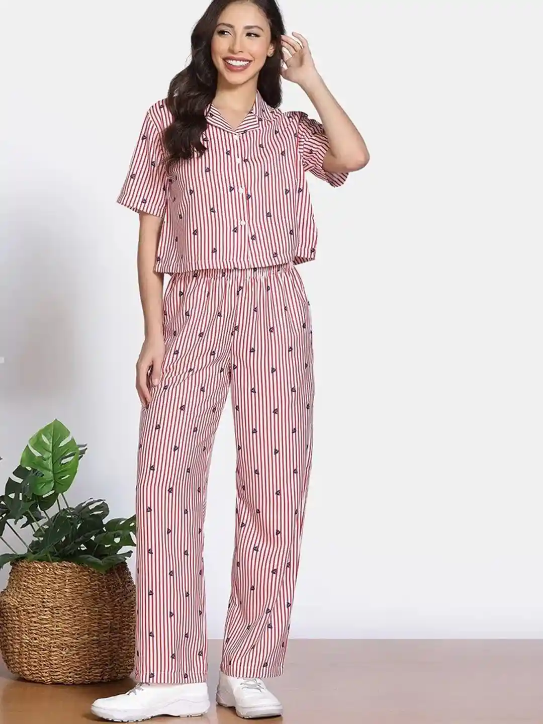 Buy Zivame Women Striped Lapel Collar Shirt Drawstring Pyjamas - Main Image