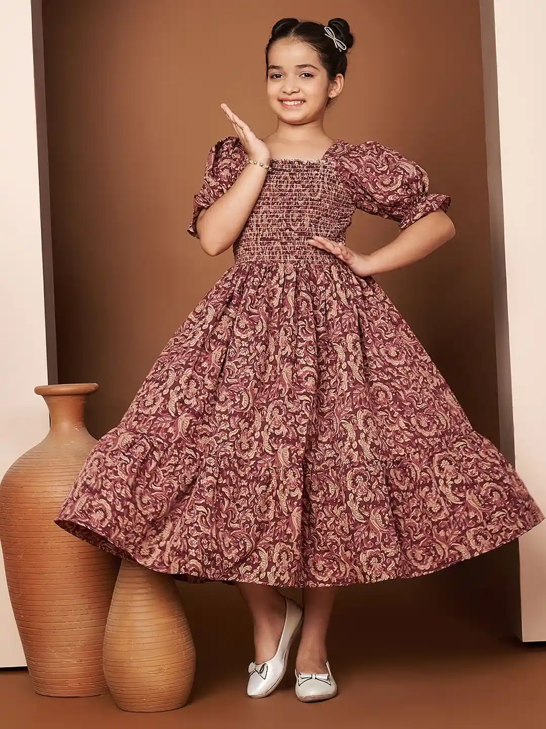 LookShine Floral Print Puff Sleeve A-Line Midi Dress