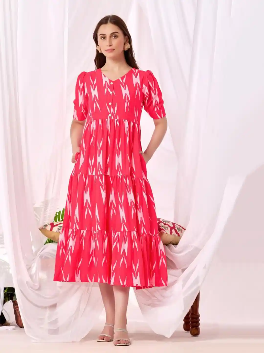 Buy Ethniclook Women Ikat Printed Tiered Fit Flare Midi Dress