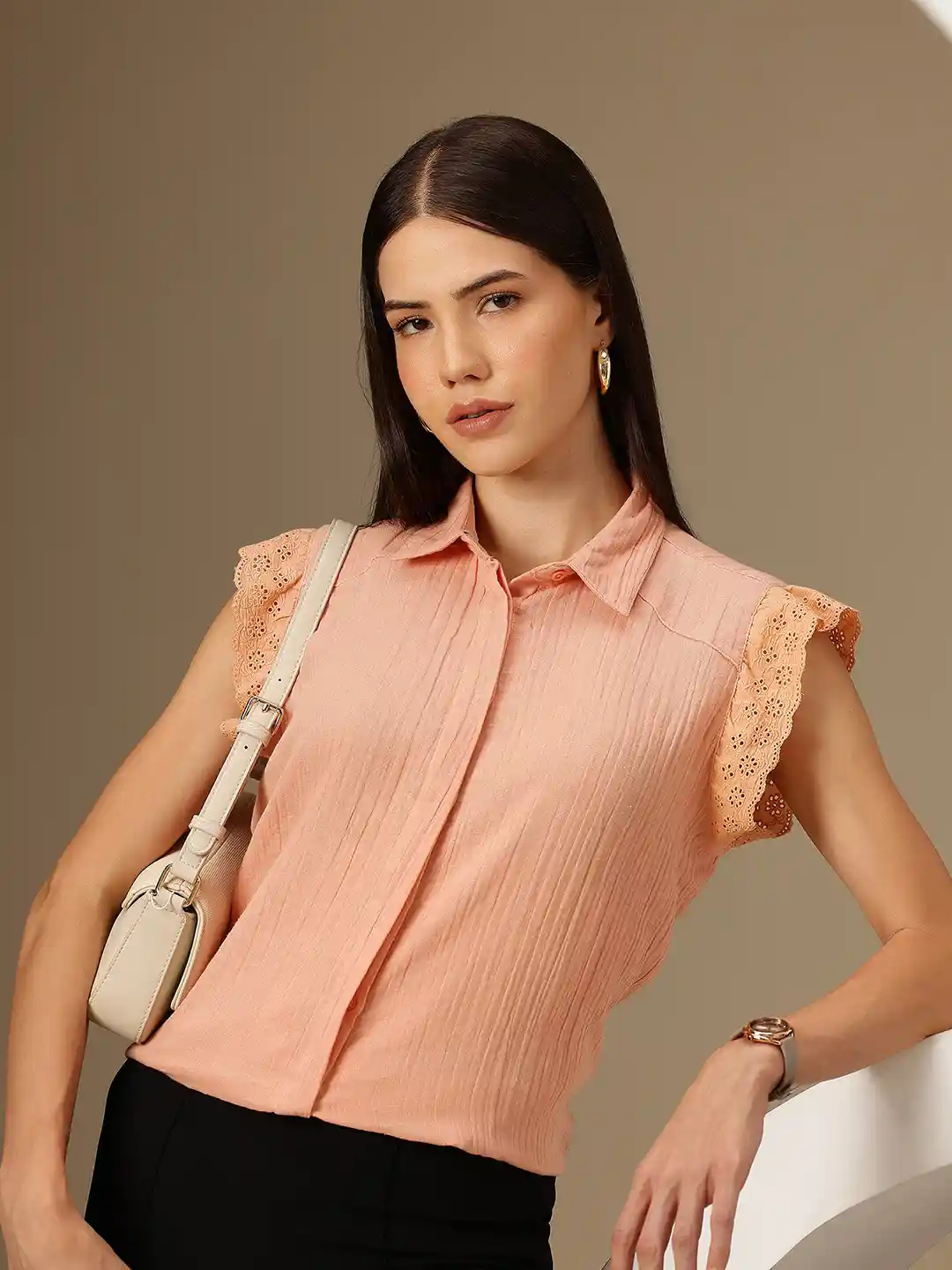 Chemistry Schiffli Embroidered Detail Flutter Sleeves Pure Cotton Shirt  Style Top