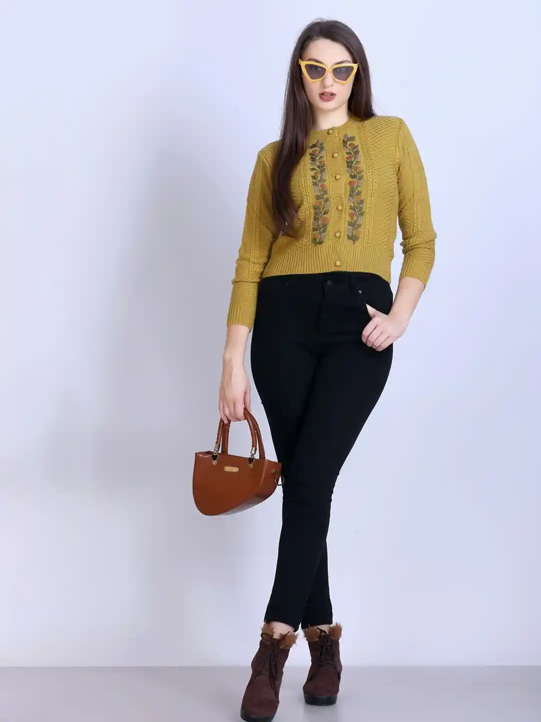 Winter Wonders Women Floral Embroidered Full Sleeve Crop Cardigan