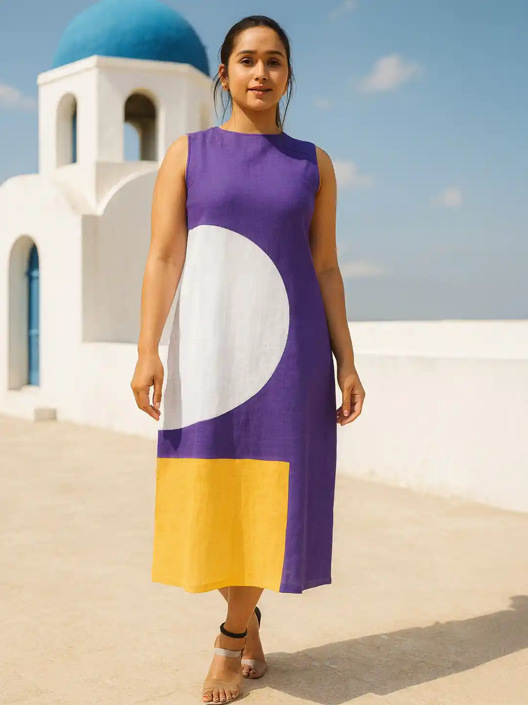 dhaaga Women Colourblocked Round Neck Linen Shift Midi Dress