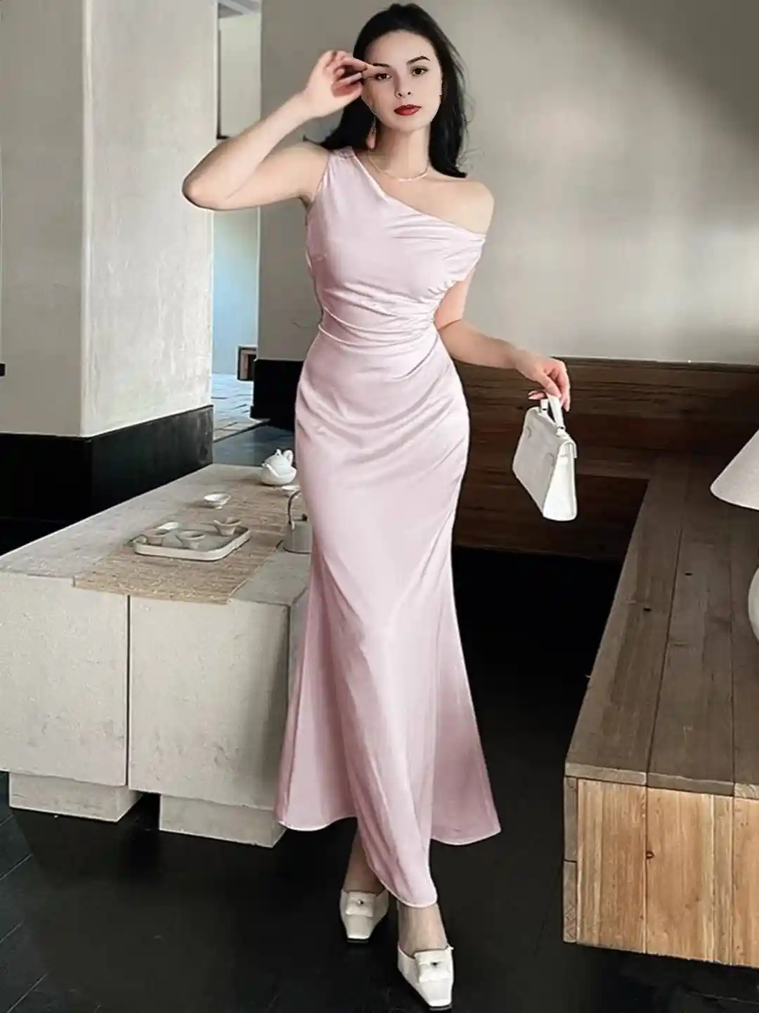 HERE&NOW Women One Shoulder Sleeveless Satin Sheath Maxi Dress