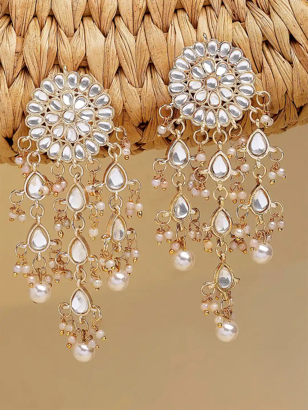 KARATCART Off-White Gold-Plated Stone-Studded Floral Drop Earrings
