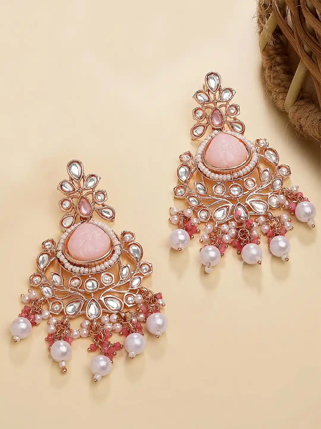 KARATCART Rose Gold-Plated Kundan Studded Contemporary Drop Earrings