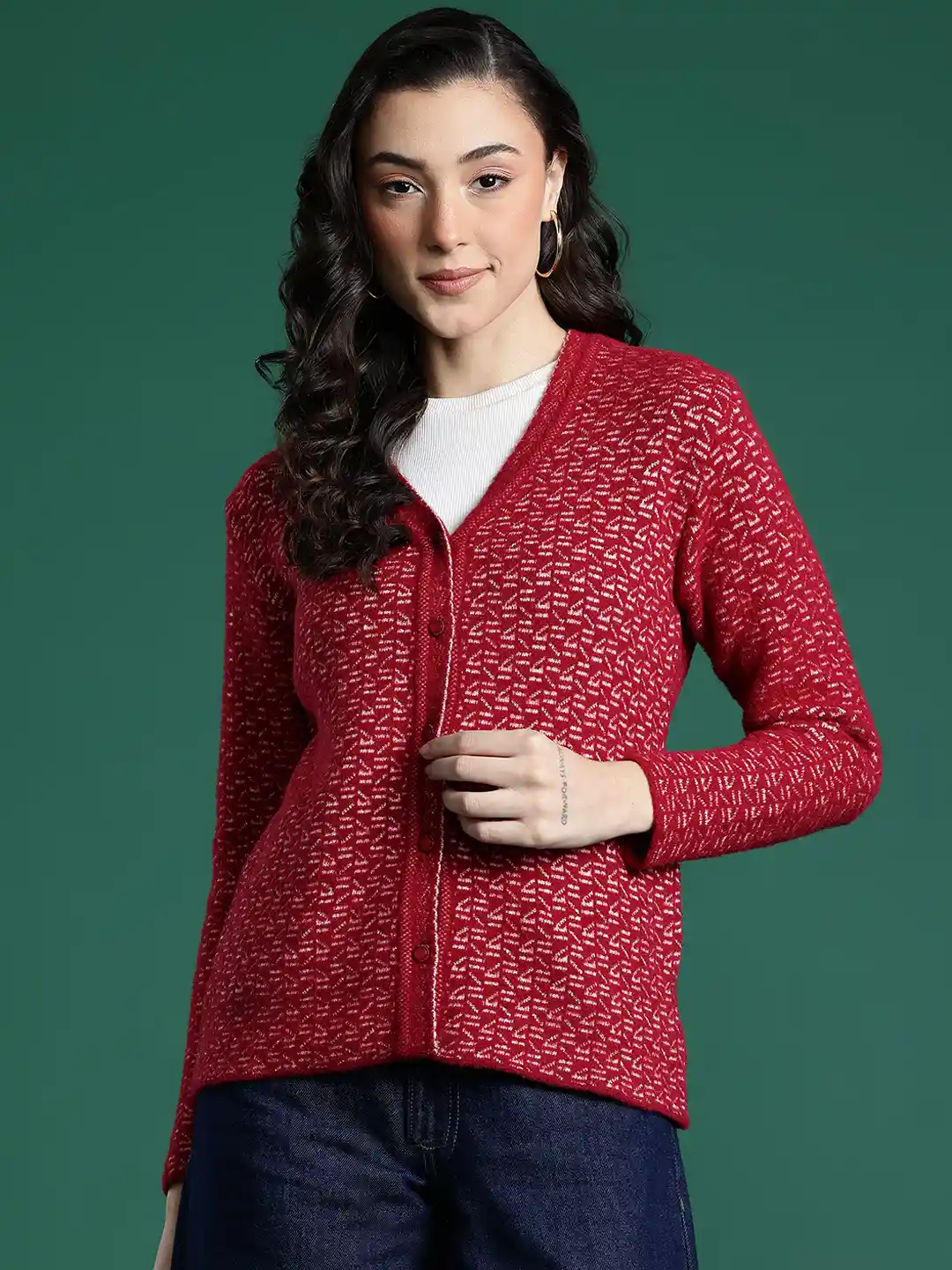 Cayman Geometric Self-Design Woolen Button-Down Cardigan