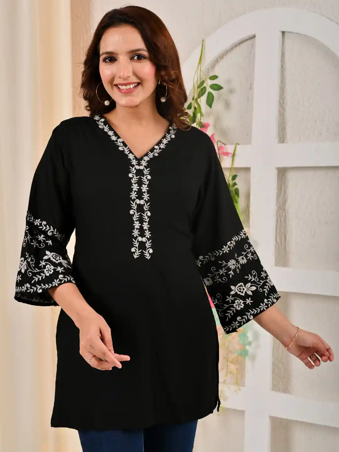 Buy Mahiras Comfort Floral Embroidered Flared Sleeves Thread Work