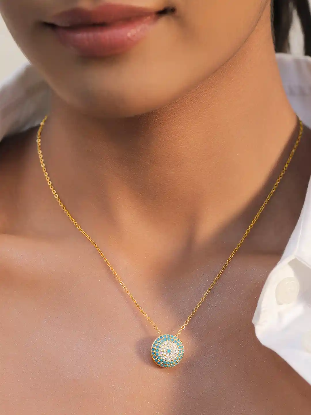 Women 18K Gold-Plated Brass Pendant Necklace with Turquoise Blue Stone  Cubic Zirconia