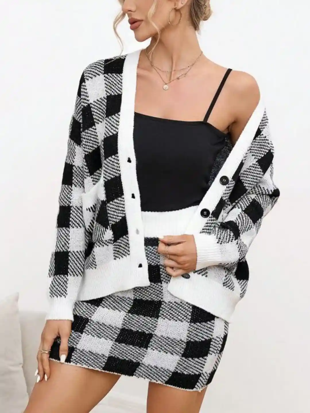 Buy StyleCast Women Checked V Neck Cardigan Skirt Co-Ords Co