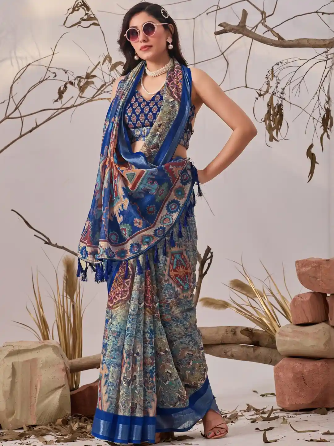 Buy Moda Rapido Ethnic Motifs Pure Linen Fusion Saree With Blouse