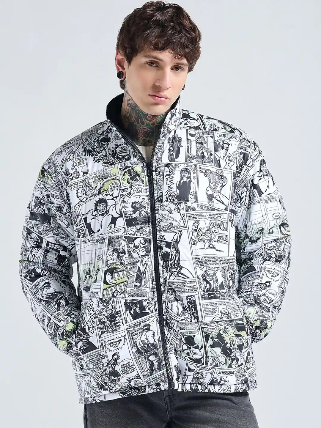 Buy Bewakoof Men Mock Collar Graphic Printed Reversible Puffer