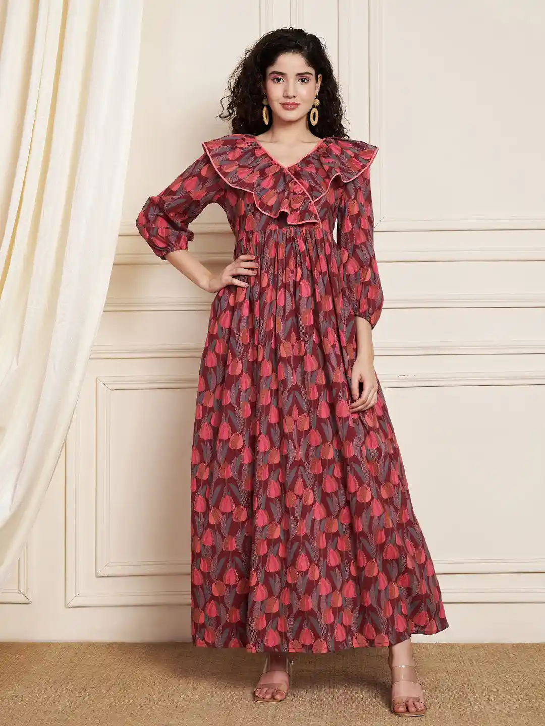 Buy COTLAND FASHION Floral Printed Ruffle Neck Fit Flared Pure