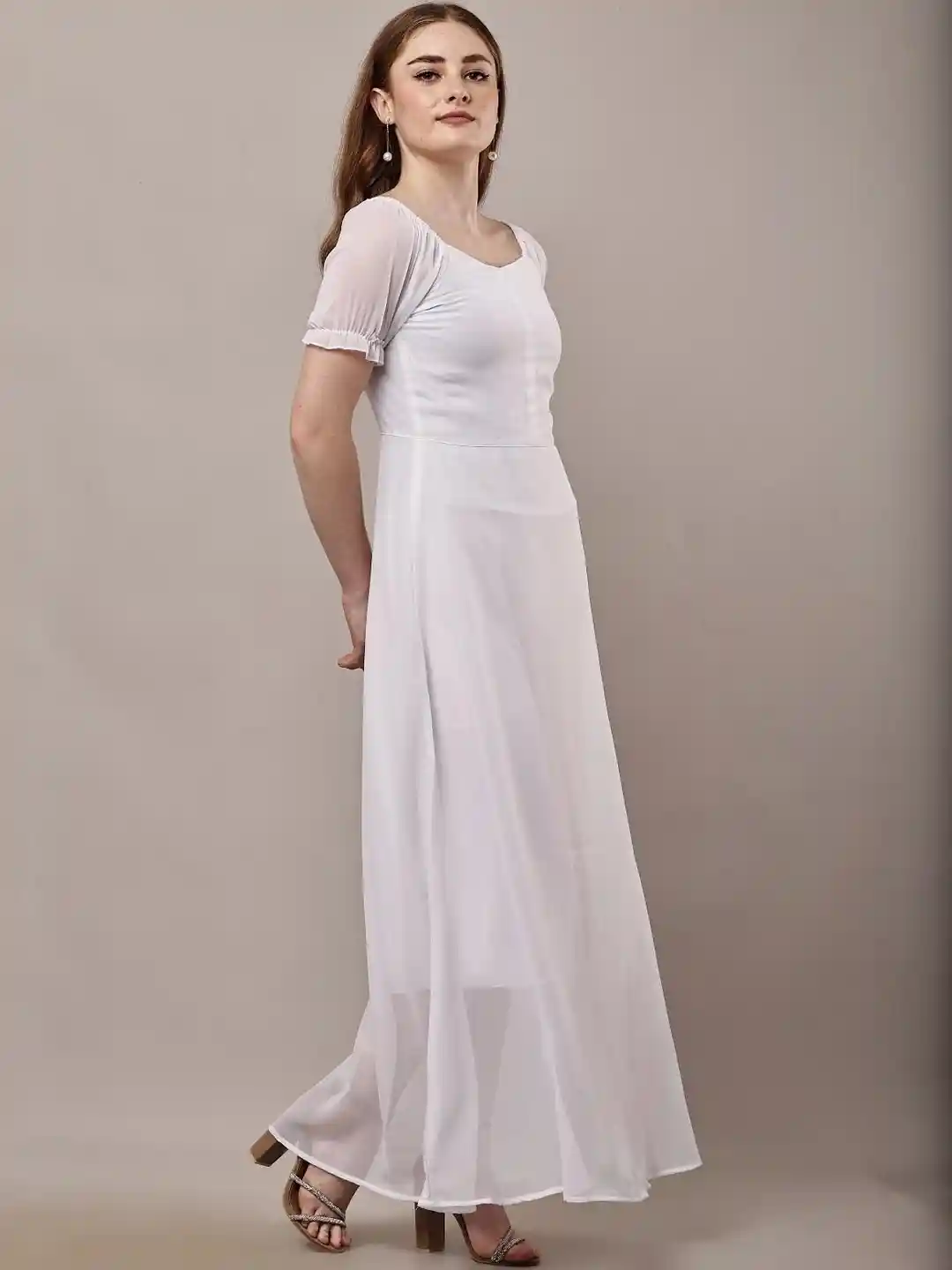 Bright Nex Puff Sleeve Ruffled Georgette A-Line Maxi Dress