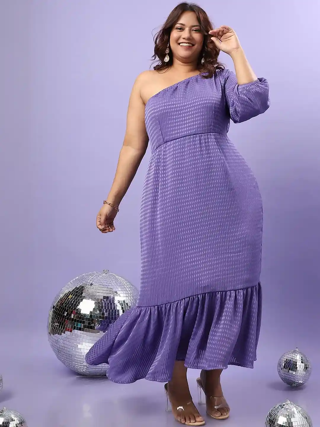 Instafab Plus Women Plus Size One Shoulder Ruffled Fit Flare Midi Dress