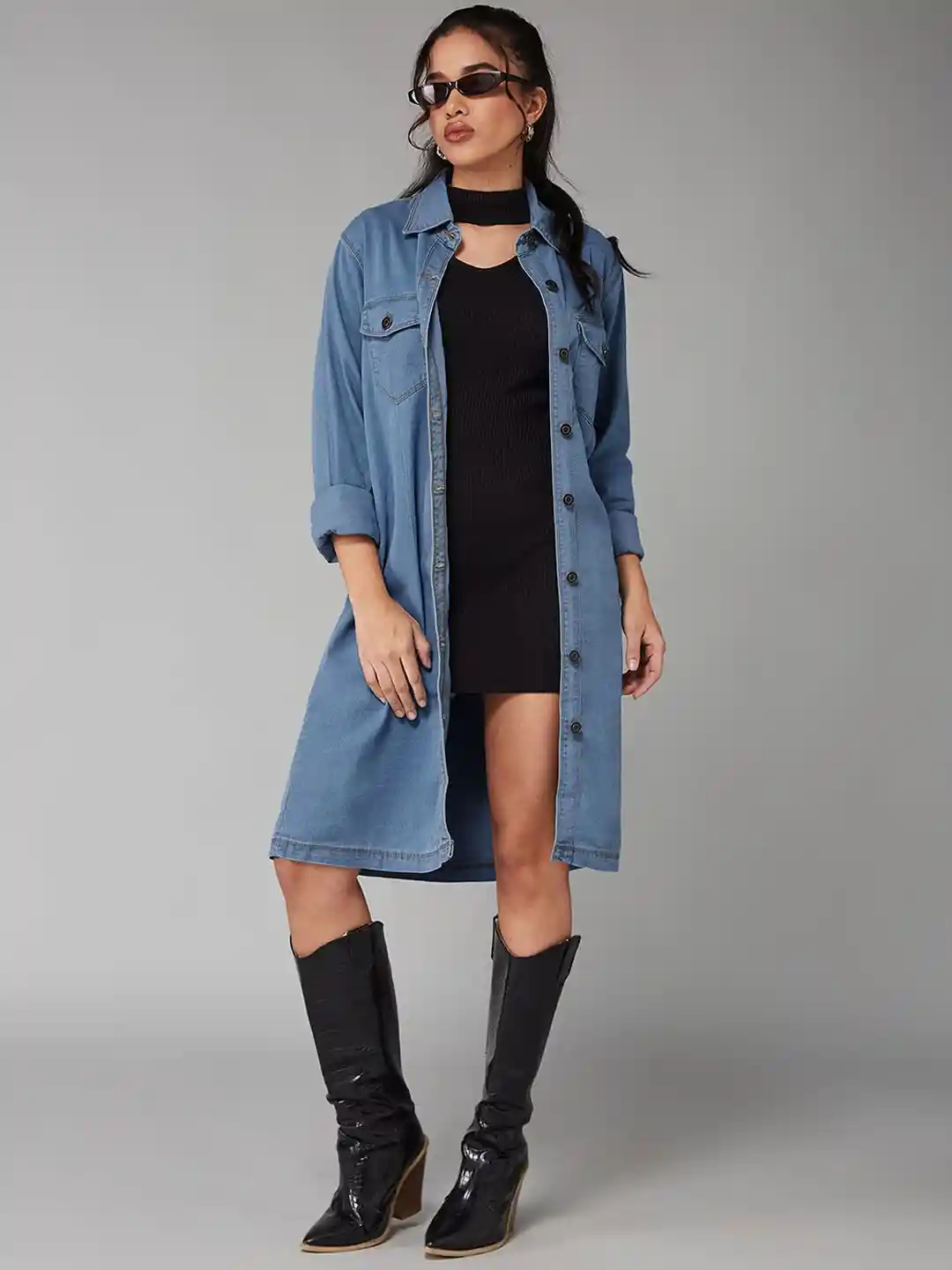 Buy DOLCE CRUDO Women Polo Neck Full Sleeves Denim Knee-Long