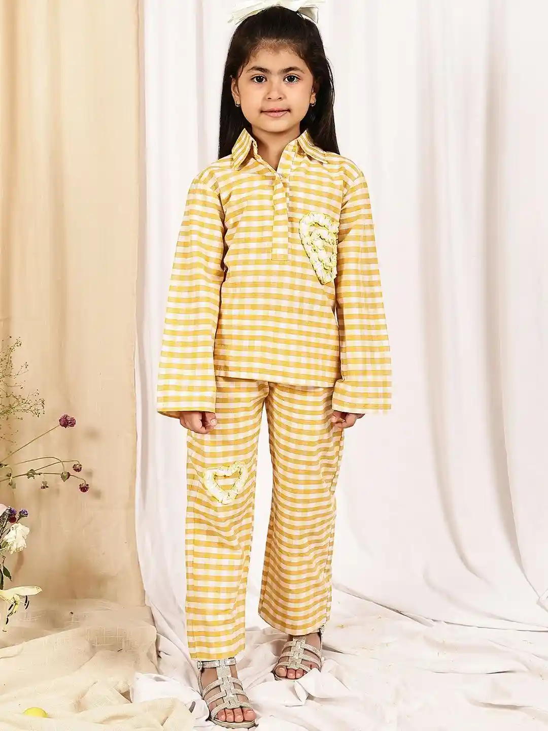 YK Girls Yellow Checked Top With Trousers Clothing Set