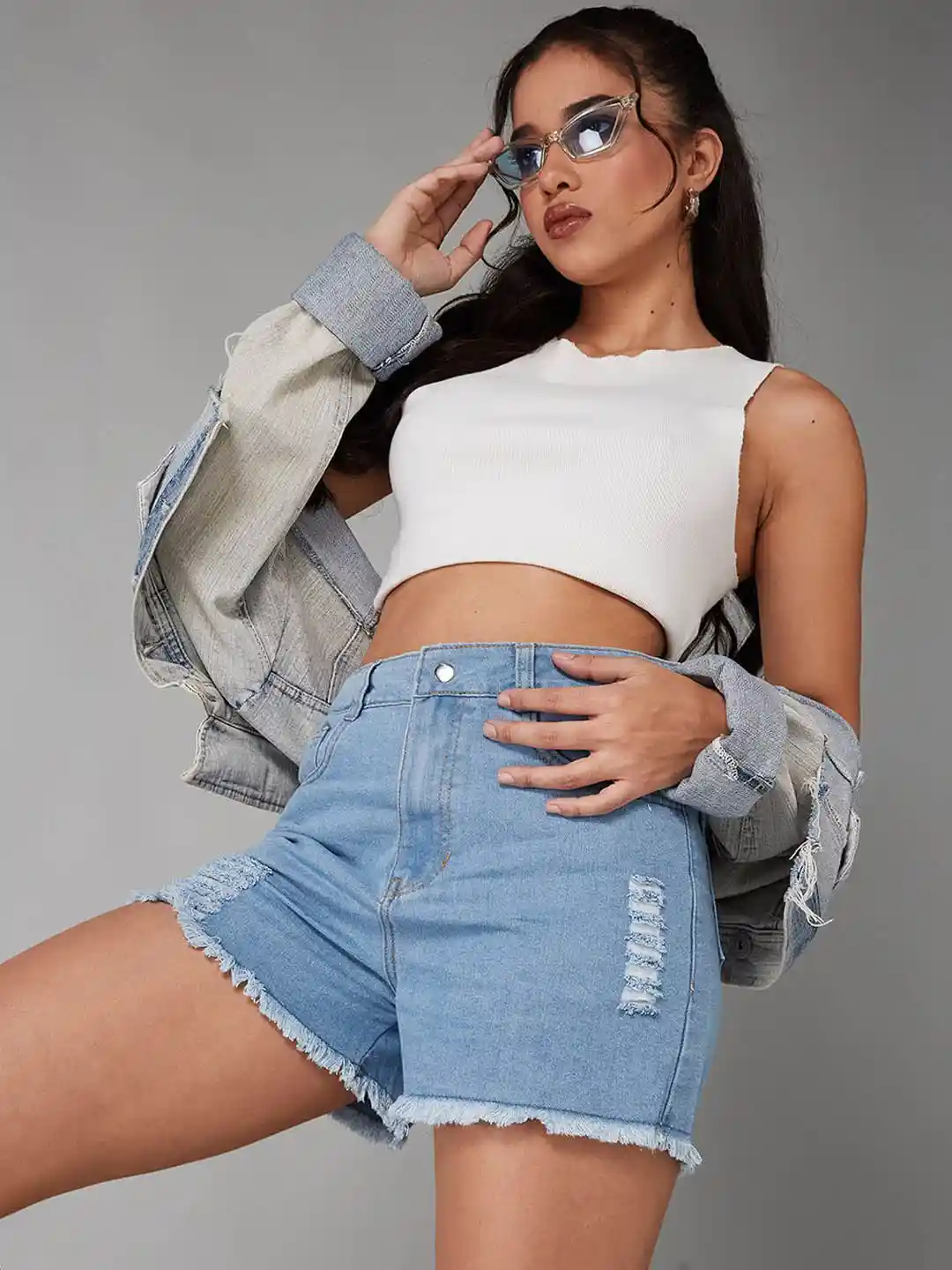 DOLCE CRUDO Women Relaxed Mid Rise High Distress Regular Non Stretchable  Denim Shorts