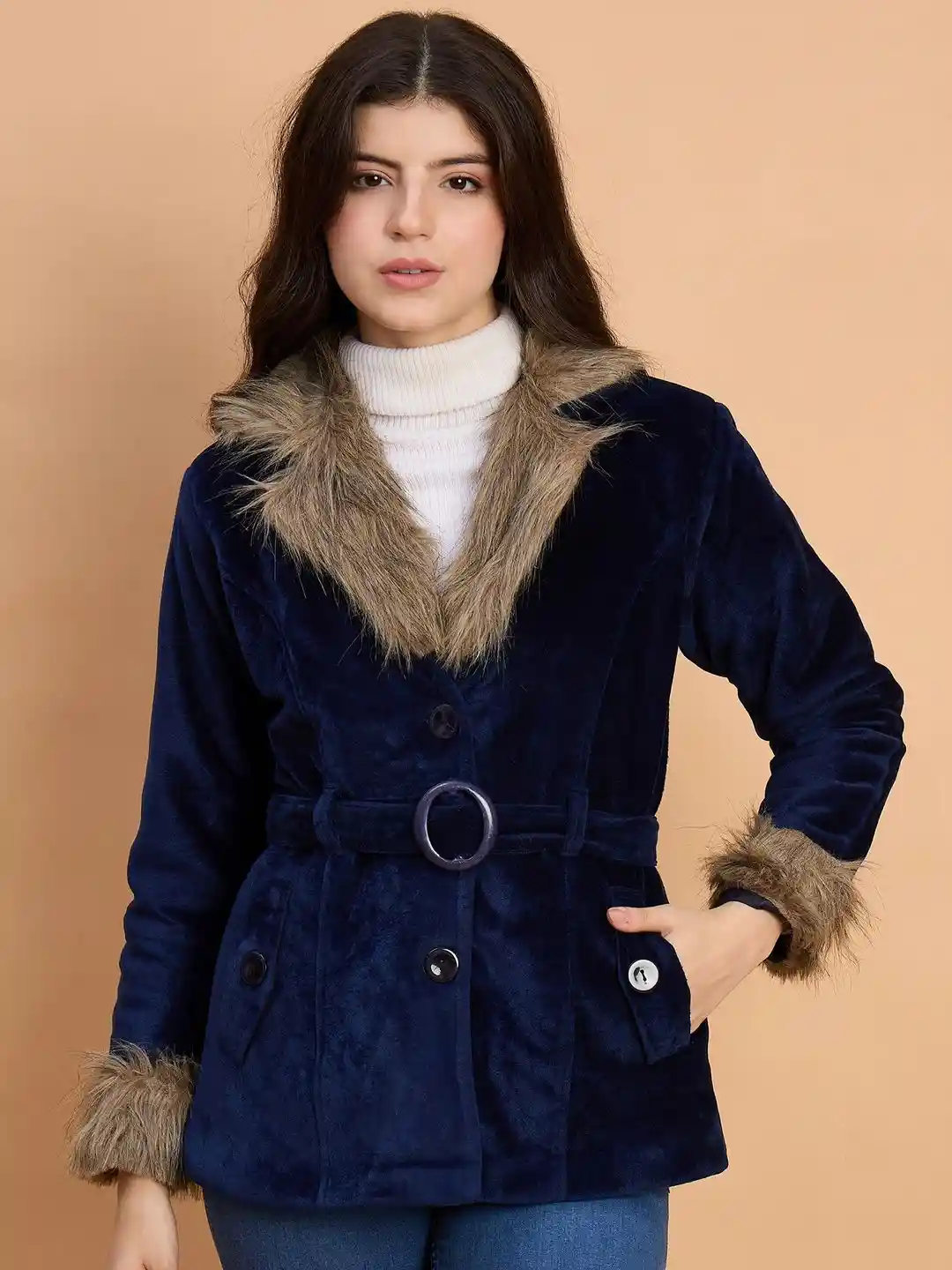 Buy The Roadster Lifestyle Co Women Velvet Soft Fur Belted Regular