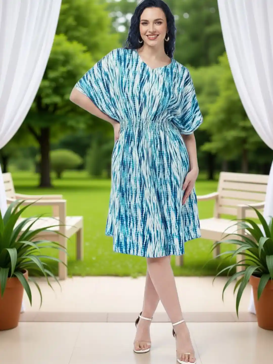 Buy SZN Tie and Dye Print Kimono Sleeve Crepe Kaftan Dress