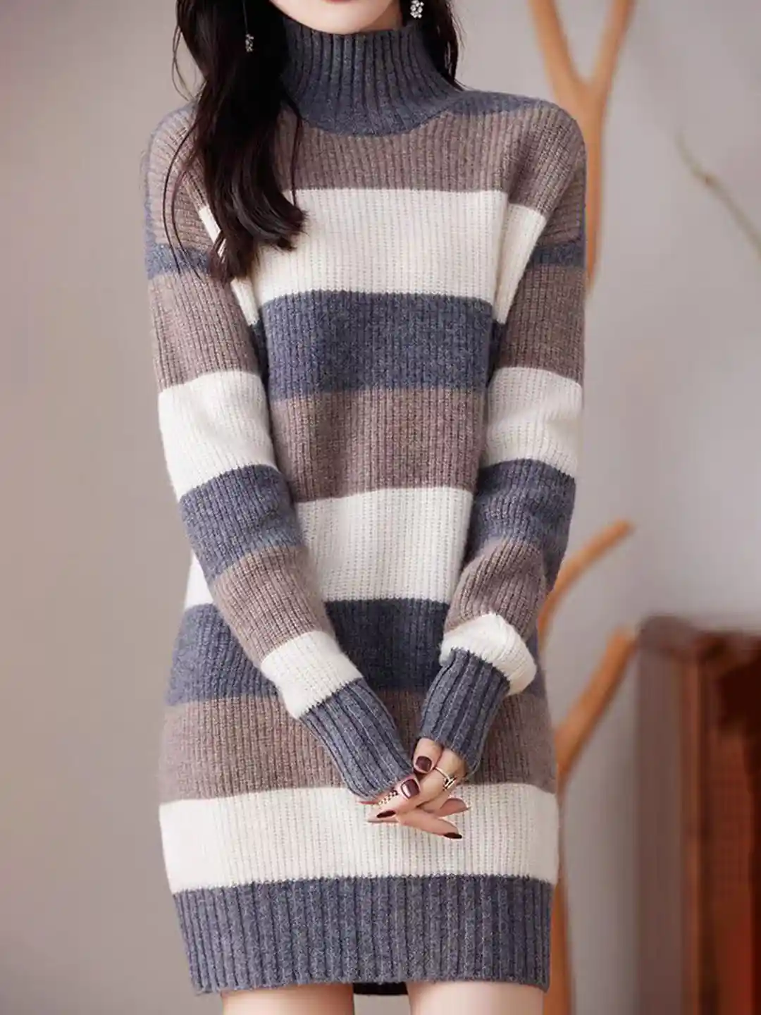 Buy StyleCast Women Colourblocked High Neck Long Sleeves Knee