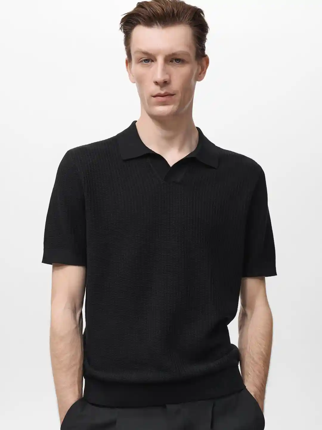 MANGO MAN Men Ribbed Pure Cotton Polo T-shirt