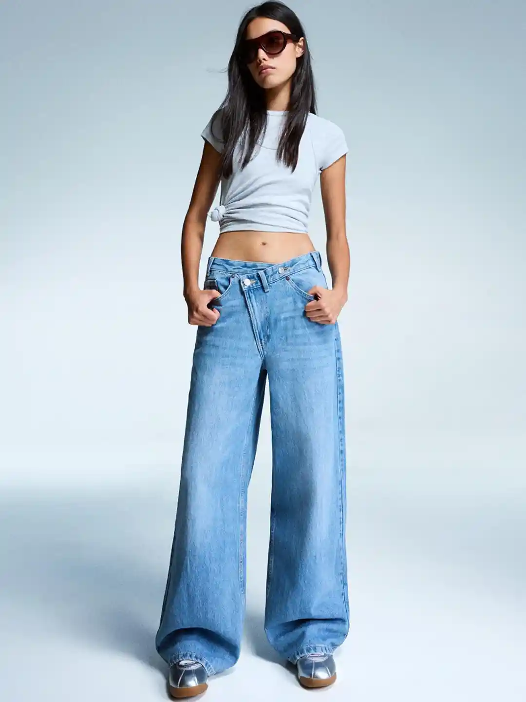 Buy Bershka Pure Cotton Wide-Leg Jeans With Crossover Waist