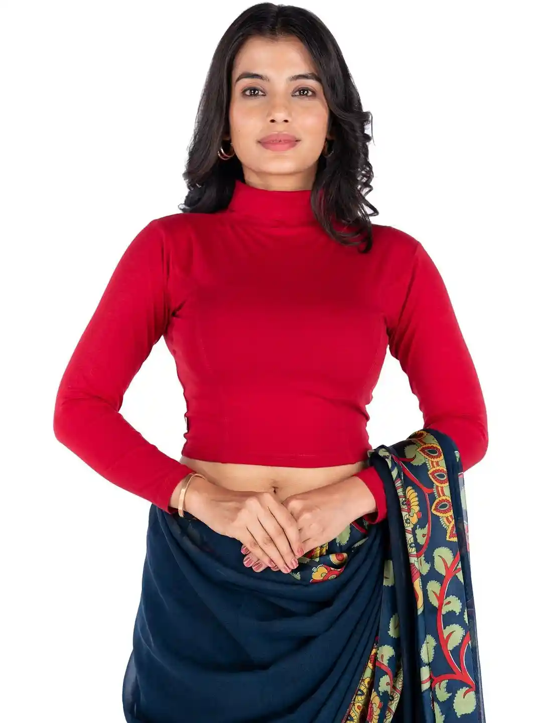 Abhi Women Red Solid High Neck Long Sleeves Stretchable Cotton Saree Blouse - Main Image