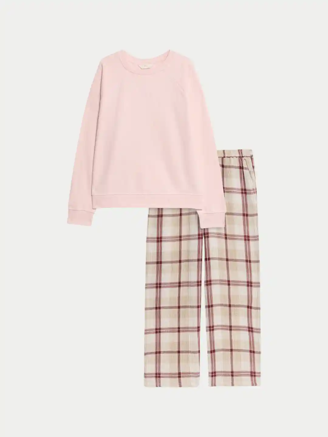 Marks Spencer Round Neck Cotton Sweatshirt With Checked Pyjamas