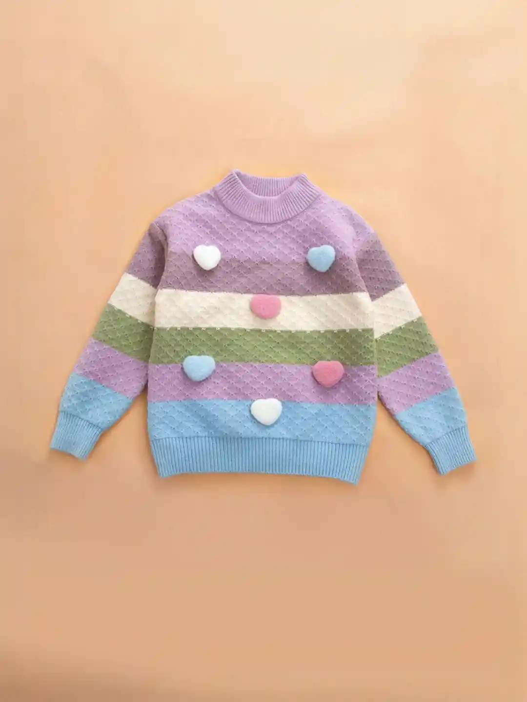 Buy Hopscotch Girls Colourblocked Heart Pom-Pom Striped Sweater