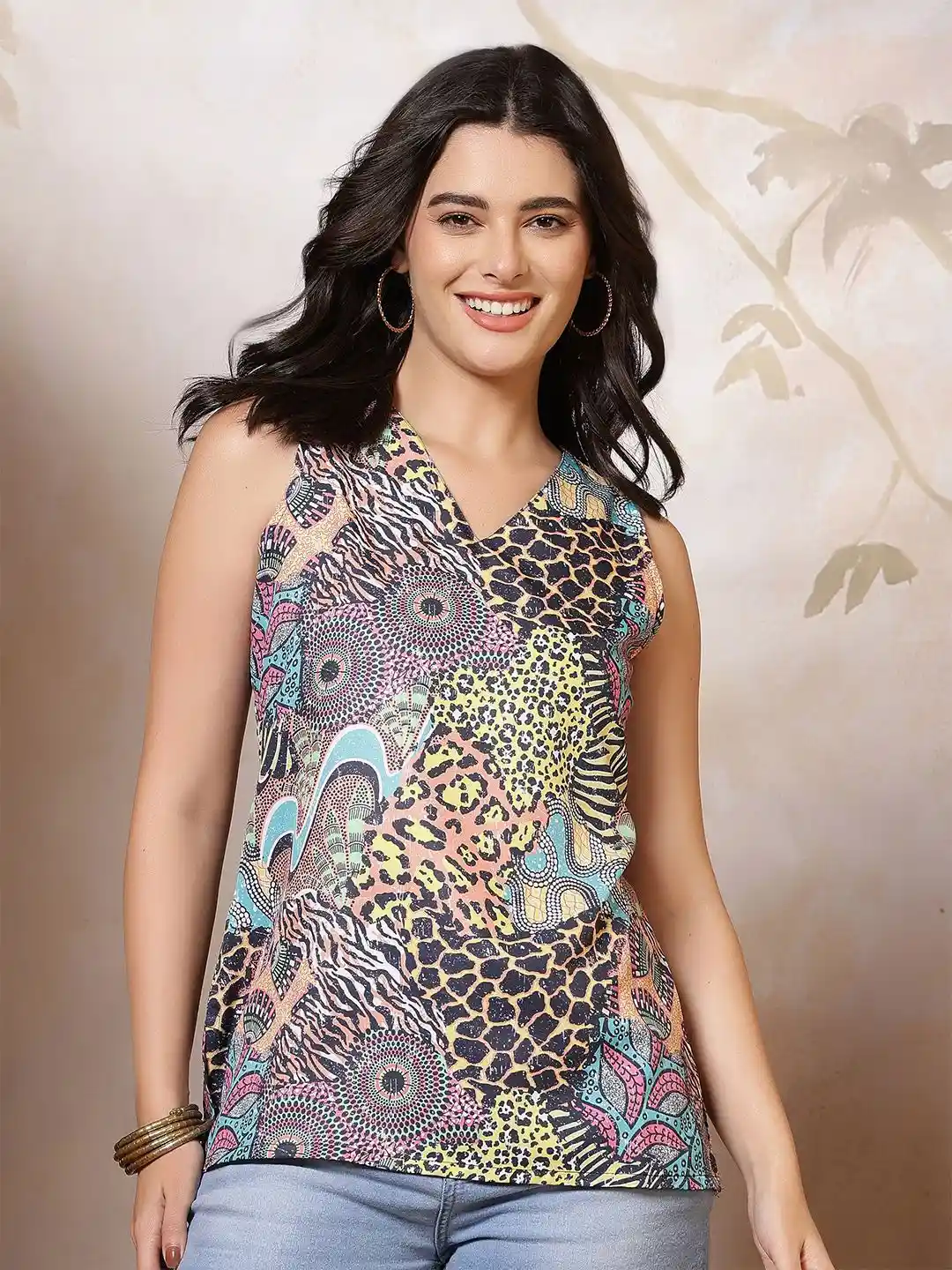 Anouk Rustic Women V-Neck Animal Print Top