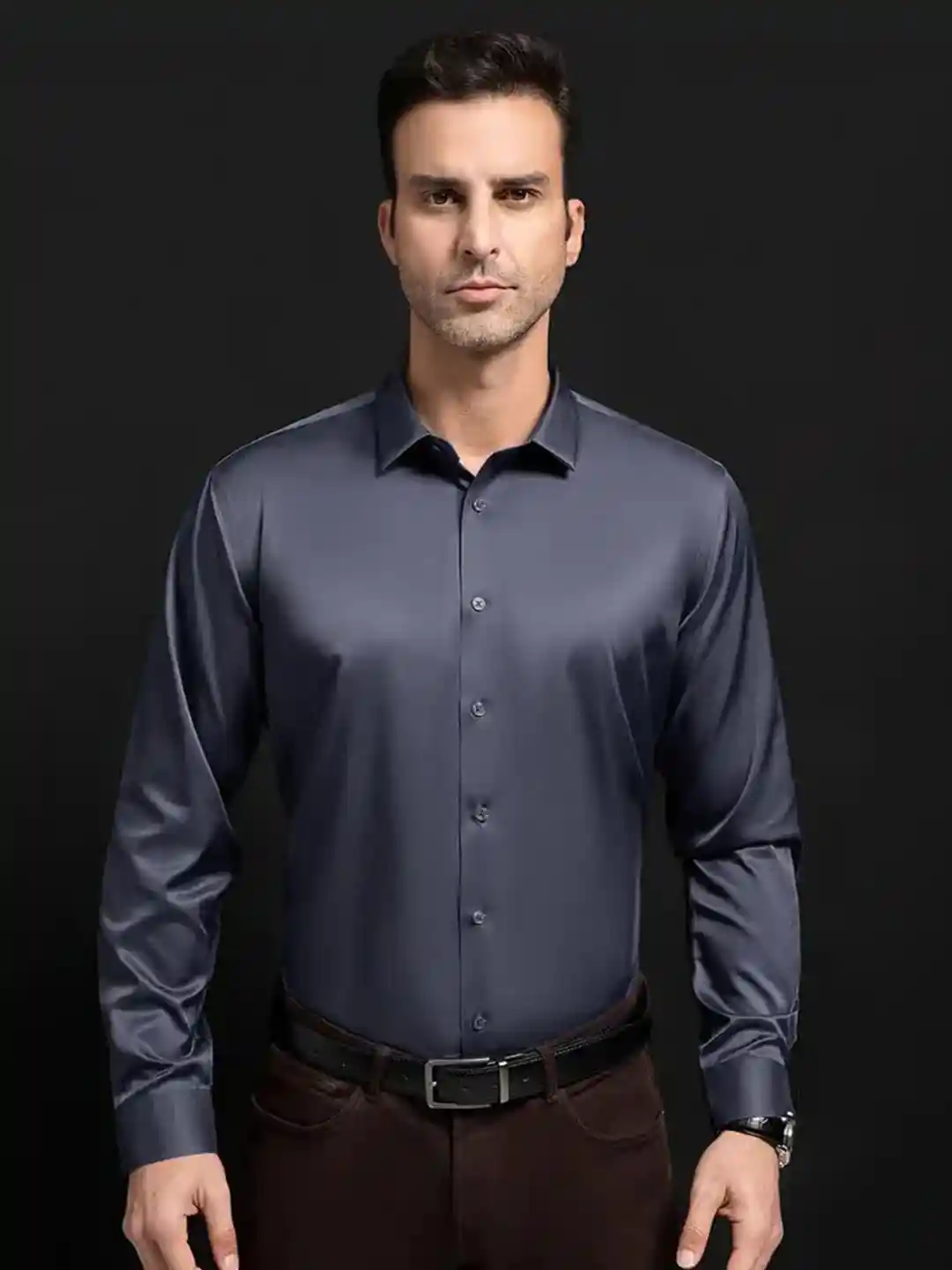 Buy INDOPRIMO Spread Collar Long Sleeves Satin Casual Shirt