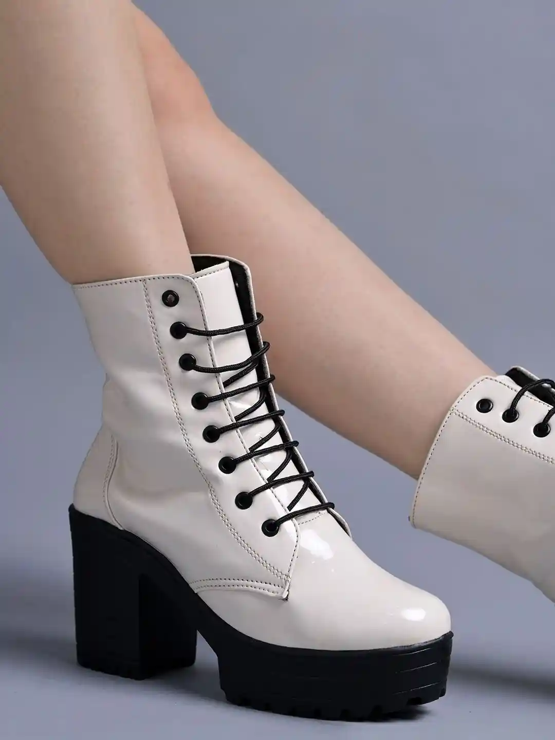 Shoetopia Women Cream Lace-Up Combat Boots