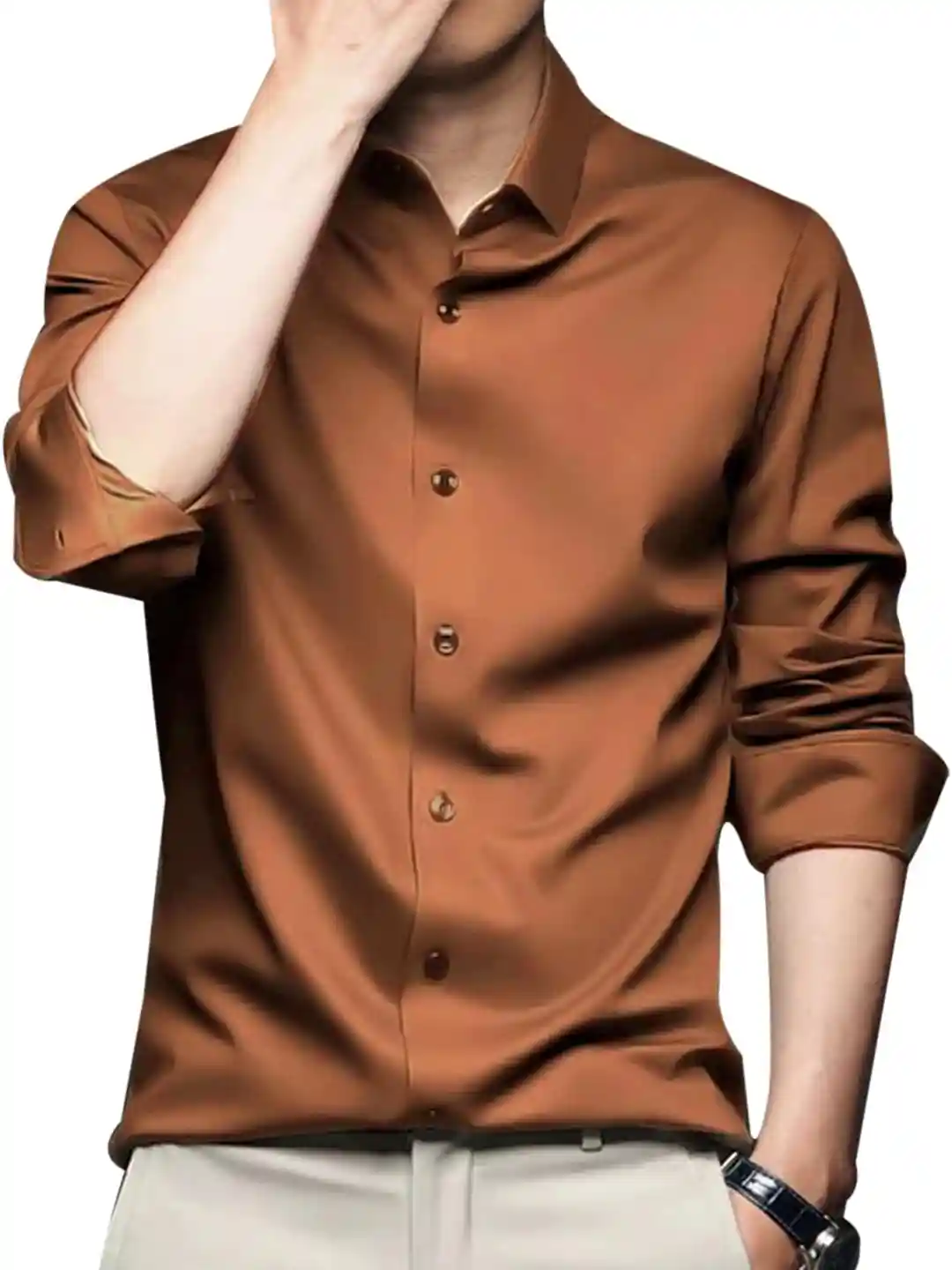 Buy INDOPRIMO Spread Collar Long Sleeves Satin Casual Shirt