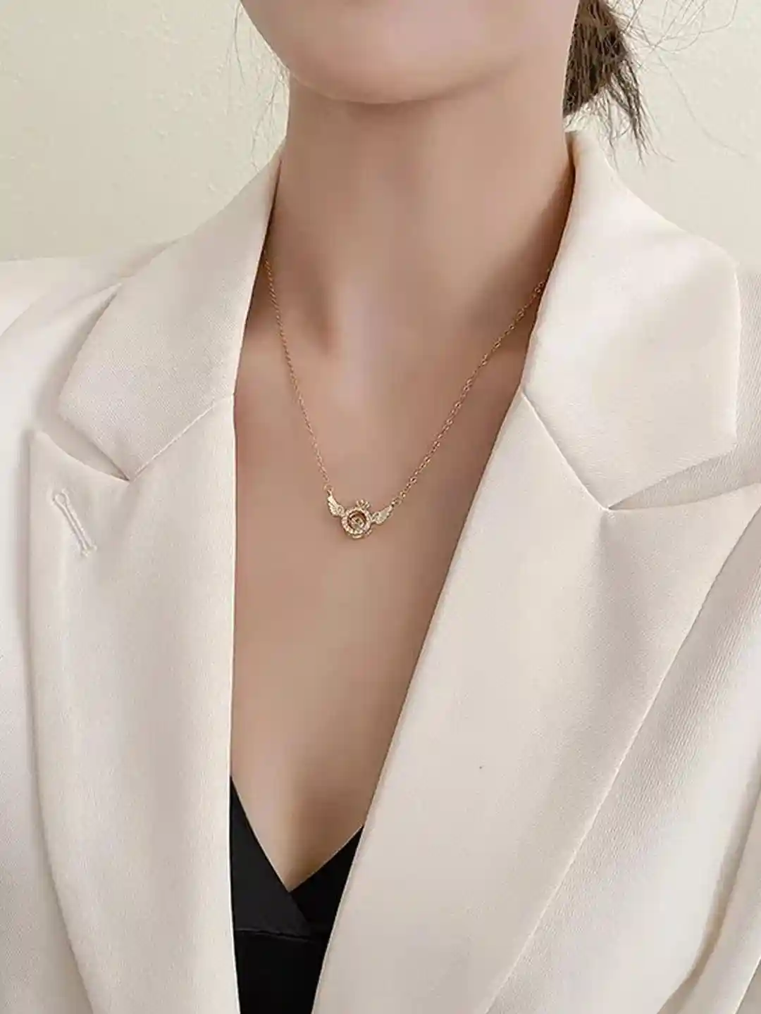 TheVineGirl Women Gold-Plated Circle With Angel Wings Crystal Ring Pendant  Necklace