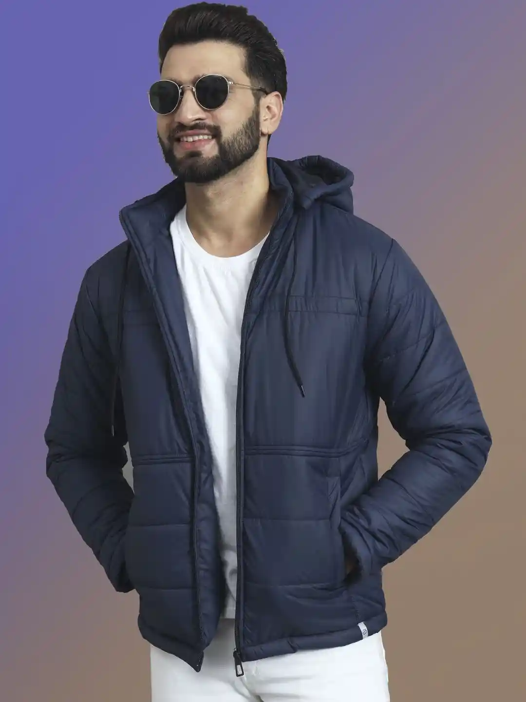 SZN Men Navy Blue Solid Polyester Hooded Puffer Jacket