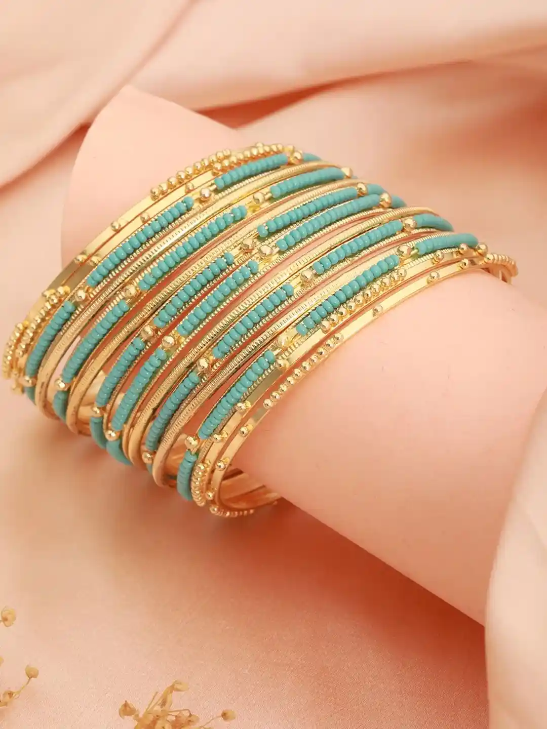 Anouk Women Set of 12 Gold-Plated Aqua Blue Stone-Studded Beaded Bangle  Set