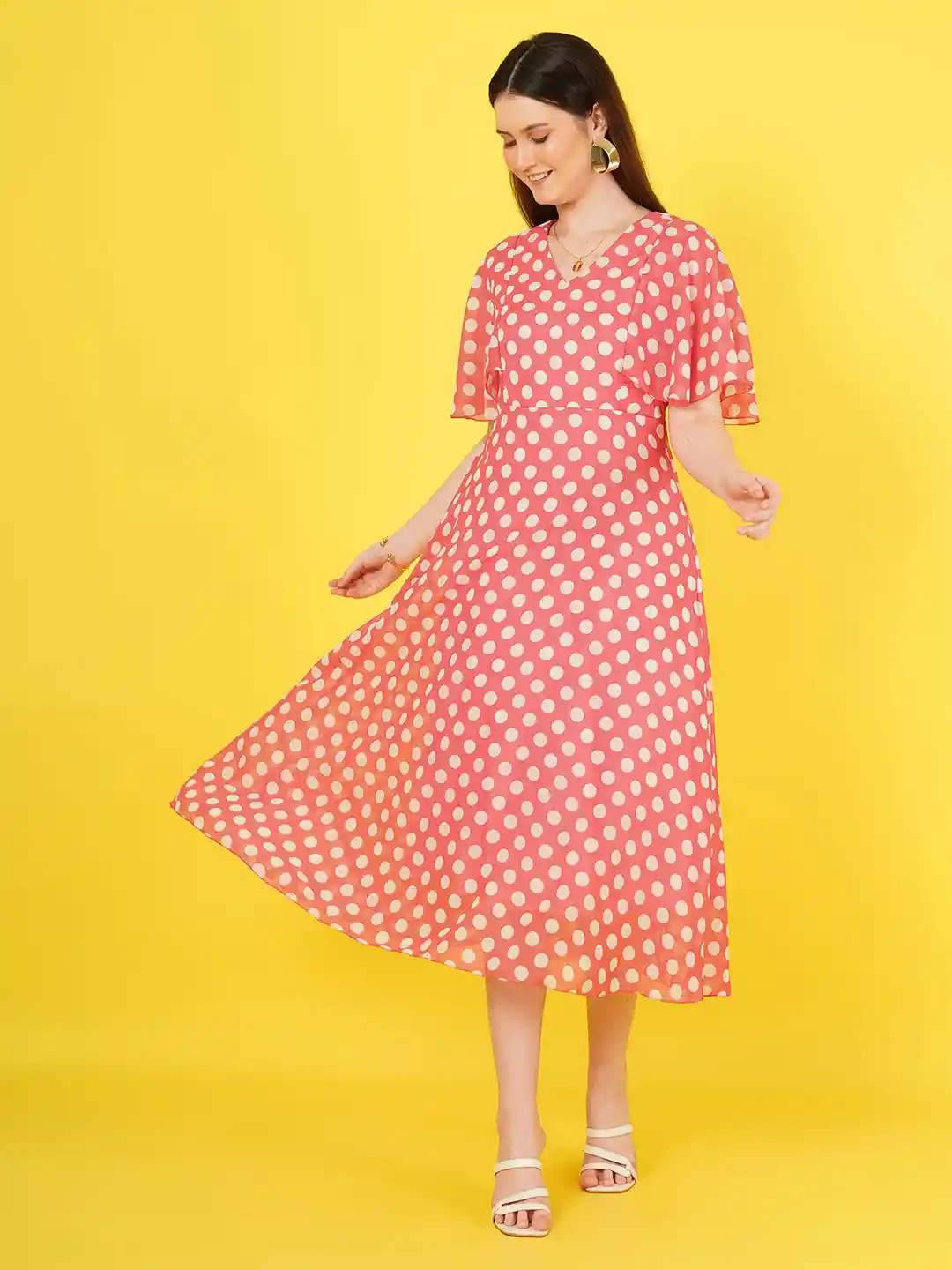Buy Curvydrobe Polka Dot Print Flared Sleeve Georgette A-Line Midi