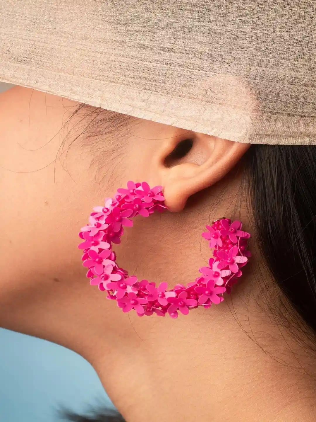 Jewelz Artificial Beaded Floral Shaped Half Hoop Earrings