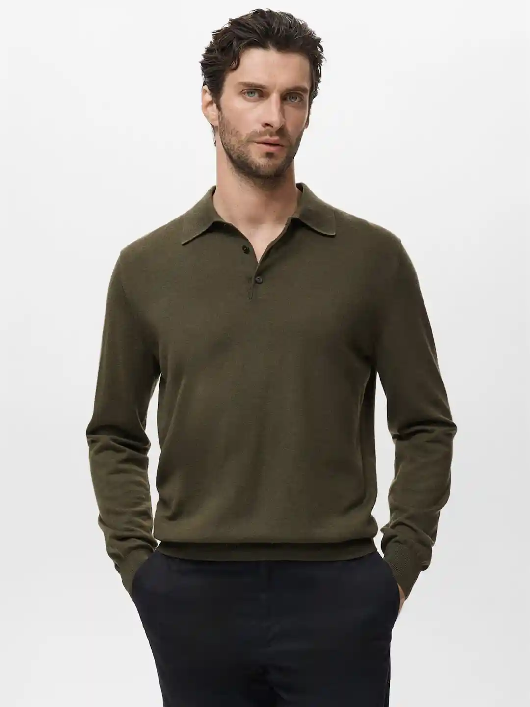 MANGO MAN Pure Wool Polo Pullover
