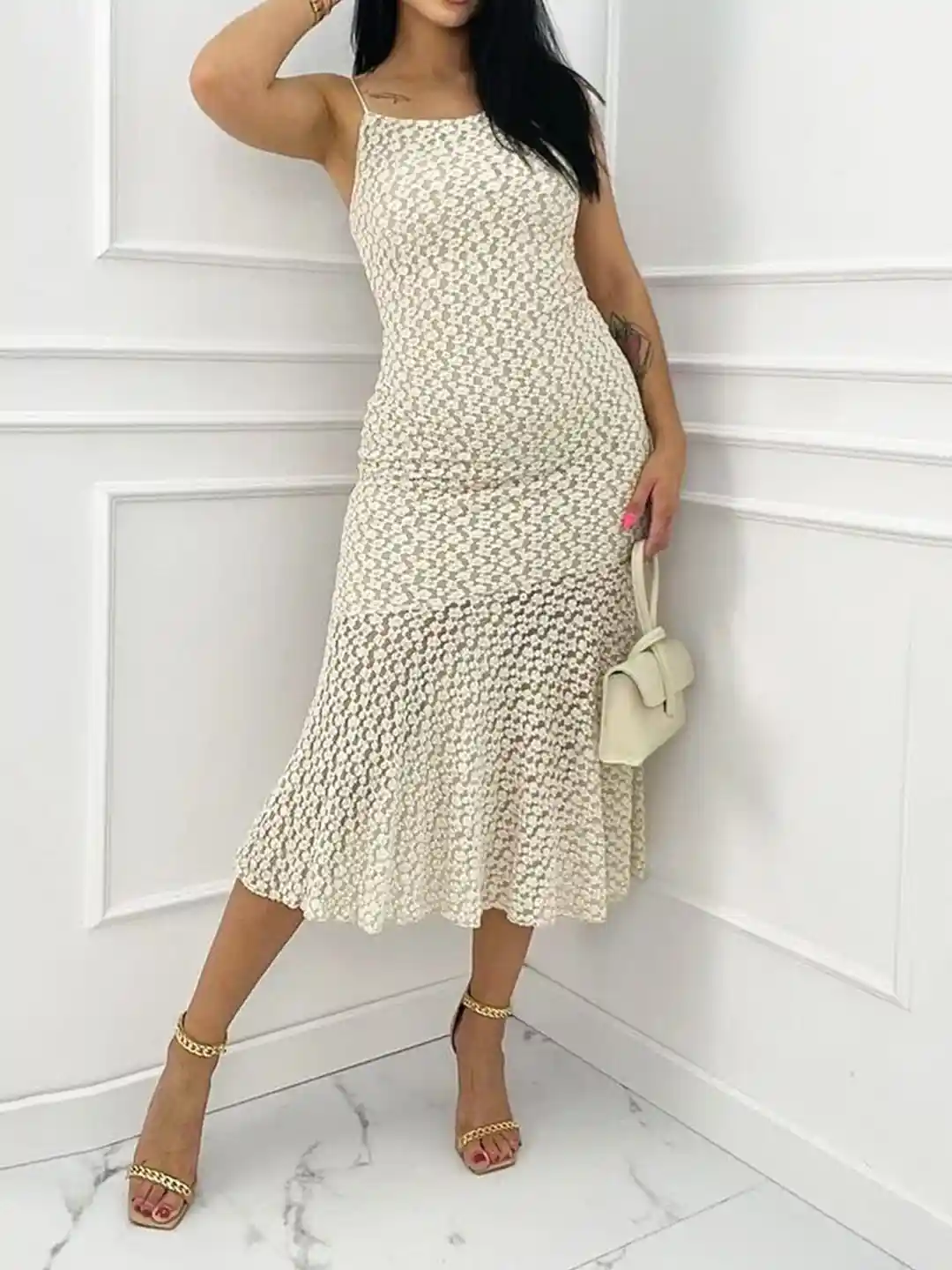 LULU SKY Women Gathered Lace Frills Shoulder Straps Bodycon Midi Dress - Main Image