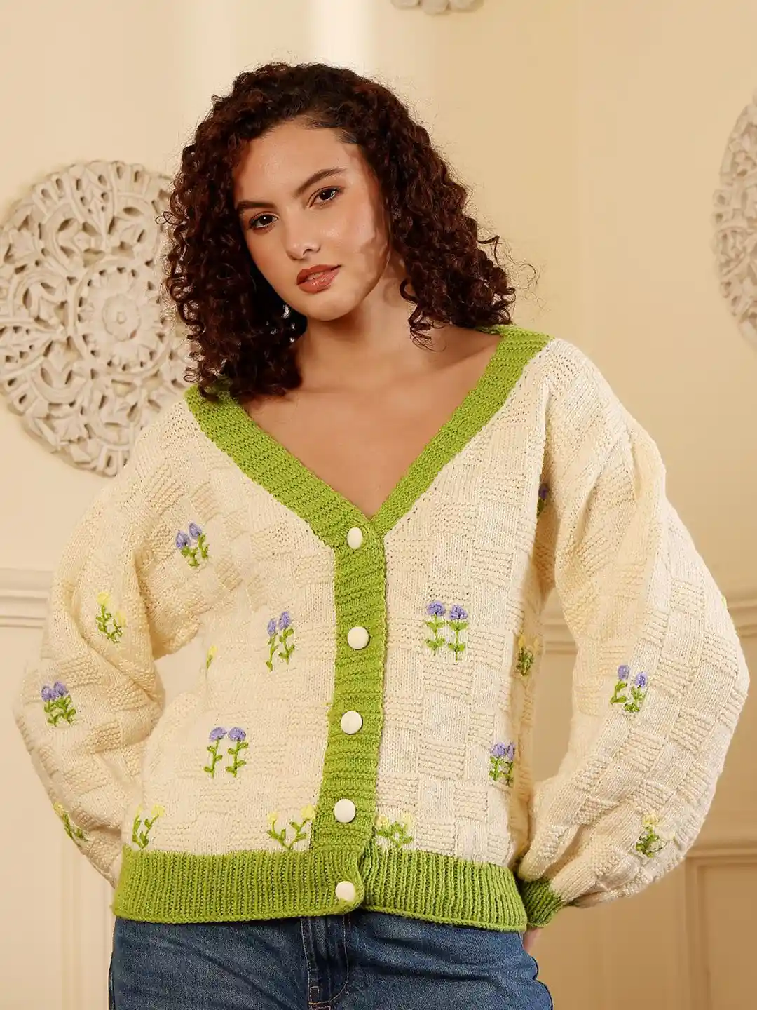 Buy Velvery Women Cable Knit Embroidered V-Neck Cardigan Sweaters