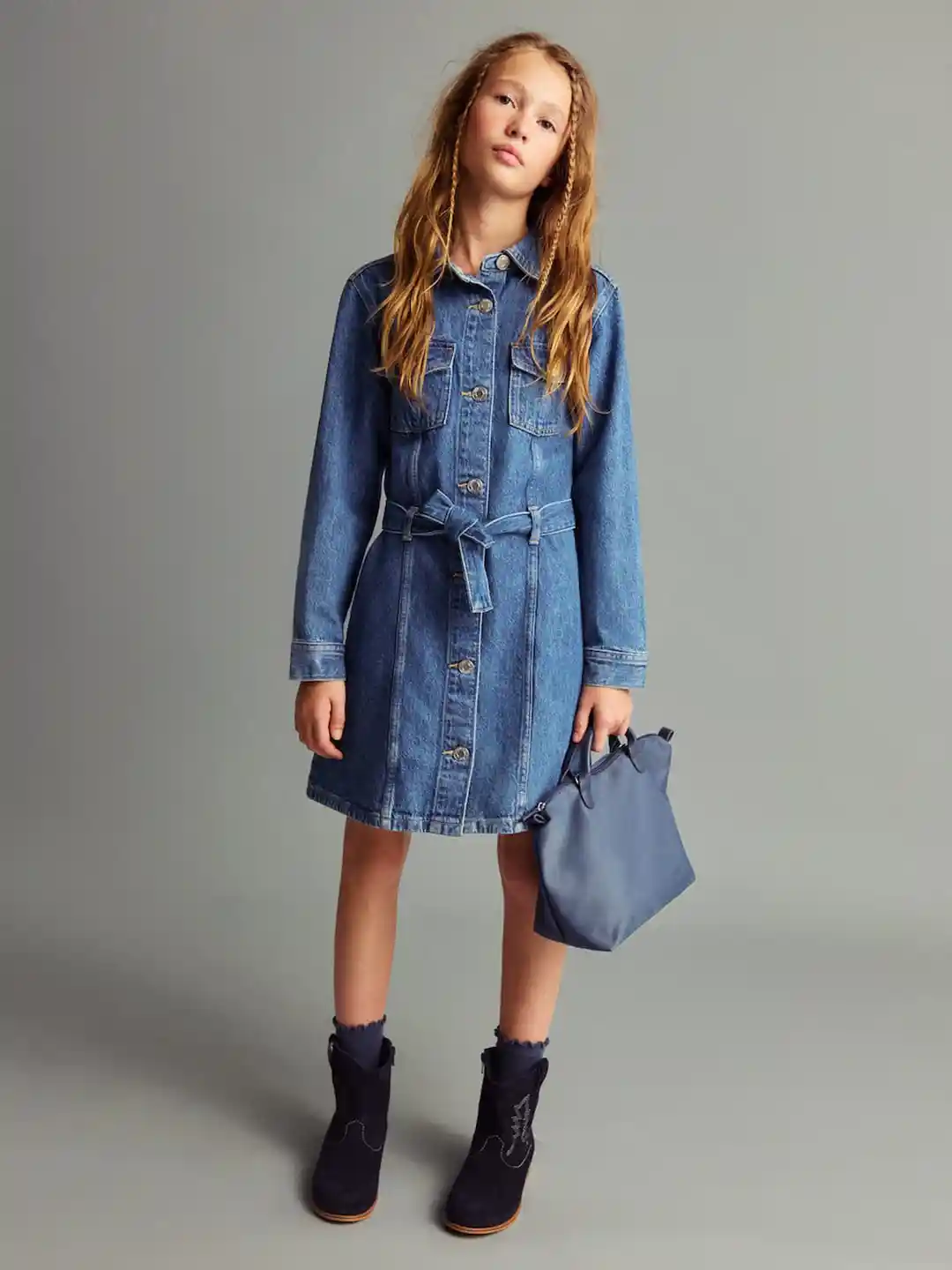 Mango Kids Girls Pure Cotton Denim Shirt Mini Dress