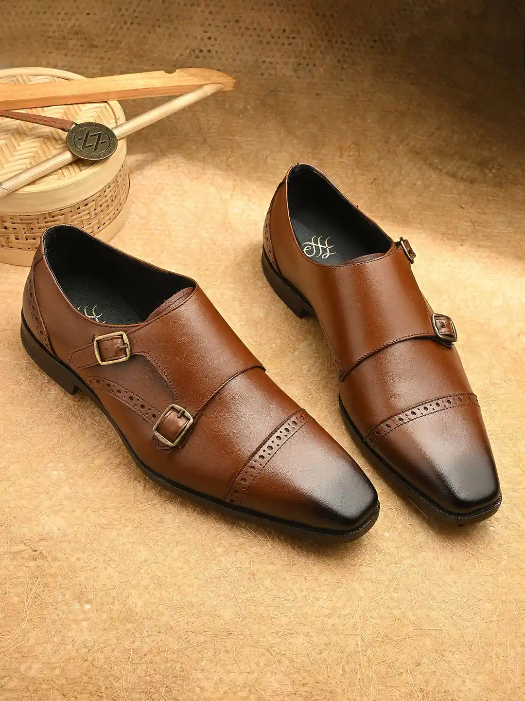 House of Pataudi Men Round Toe Buckles Formal Monk Shoes