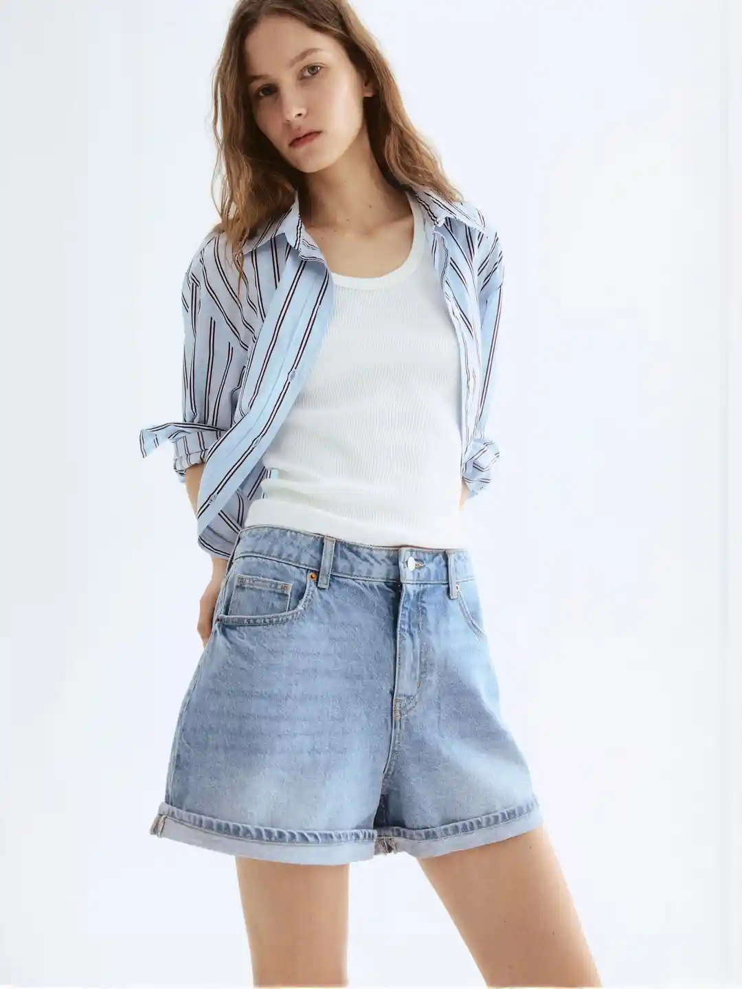Buy H&M Women Pure Cotton High-Waisted Denim Shorts Shorts for