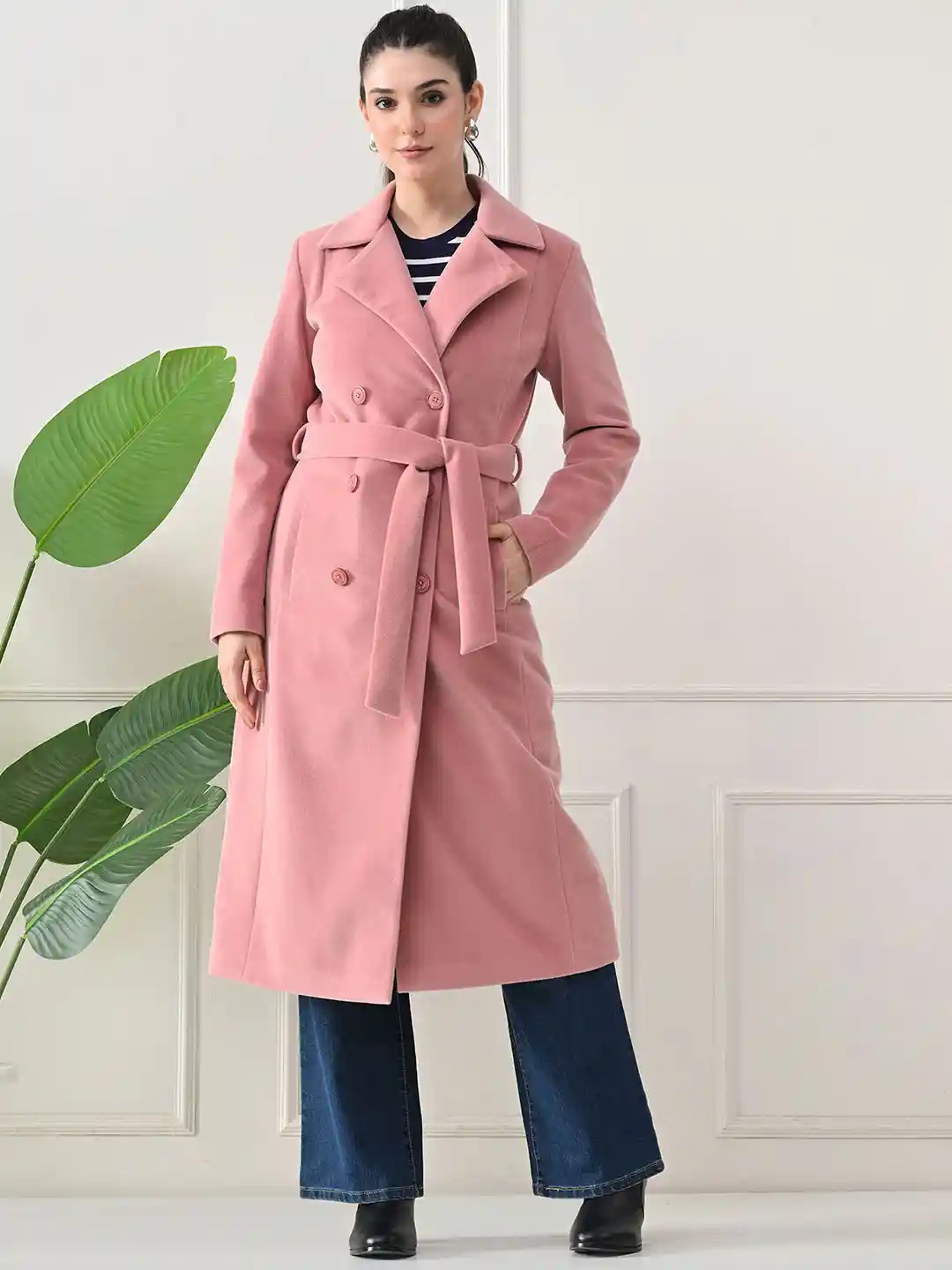 Buy TBOJ Women Belted Notched Lapel Double-Breasted Leather