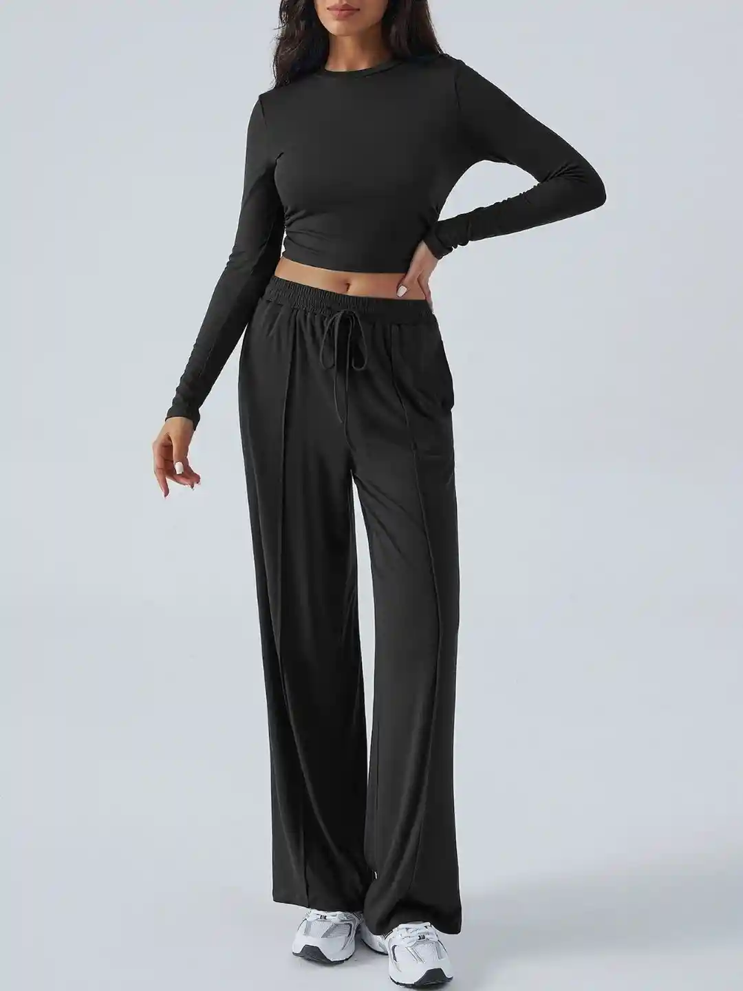 HERE&NOW Women Black Solid Polyester Round Neck Long Sleeves Top with  Trousers