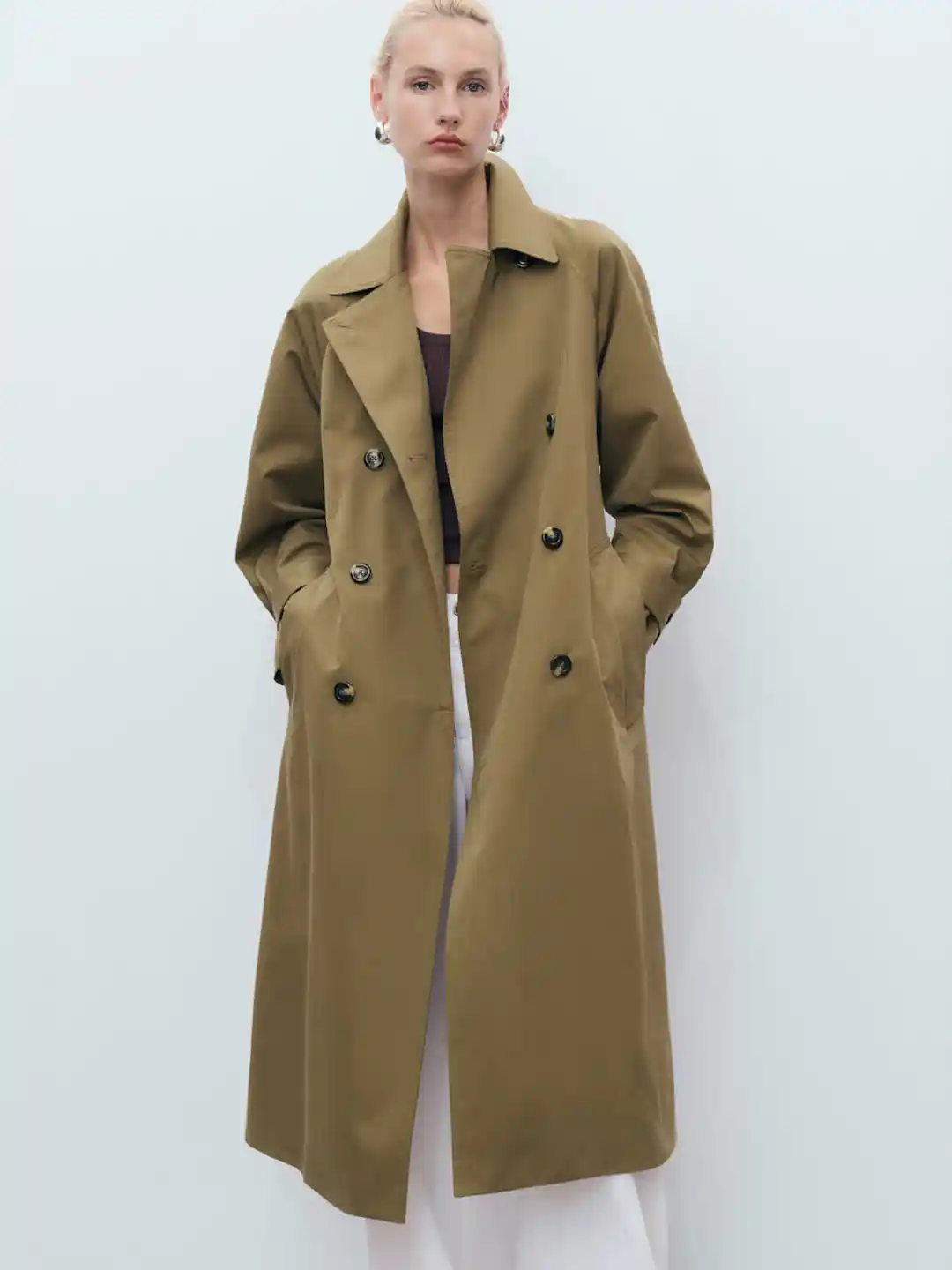MANGO Notched Lapel Collar Double-Breasted Regular Fit Longline Trench Coat  with Belt