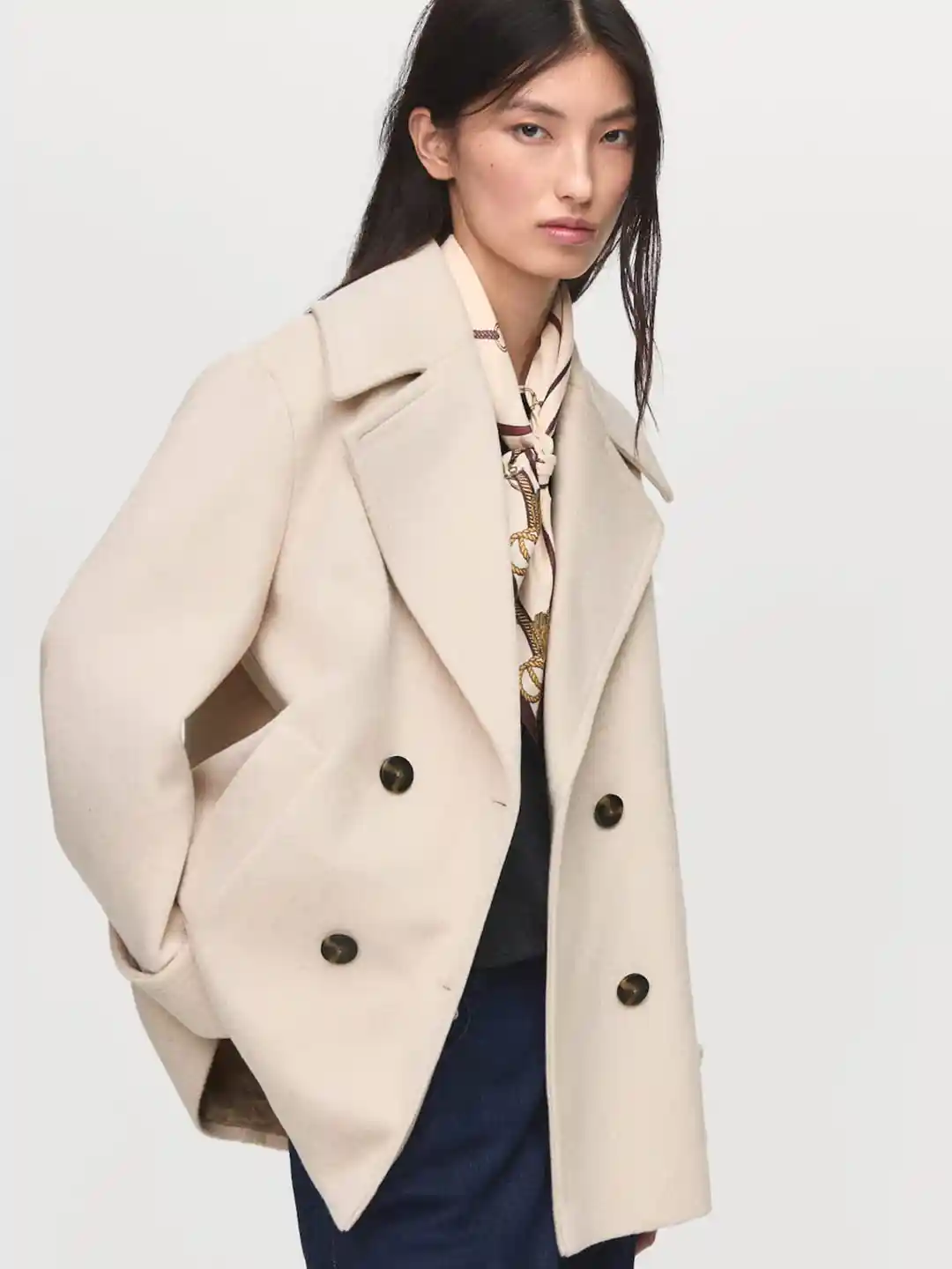 MANGO Notched Lapel Collar Double-Breasted Relaxed Fit Pea Coat