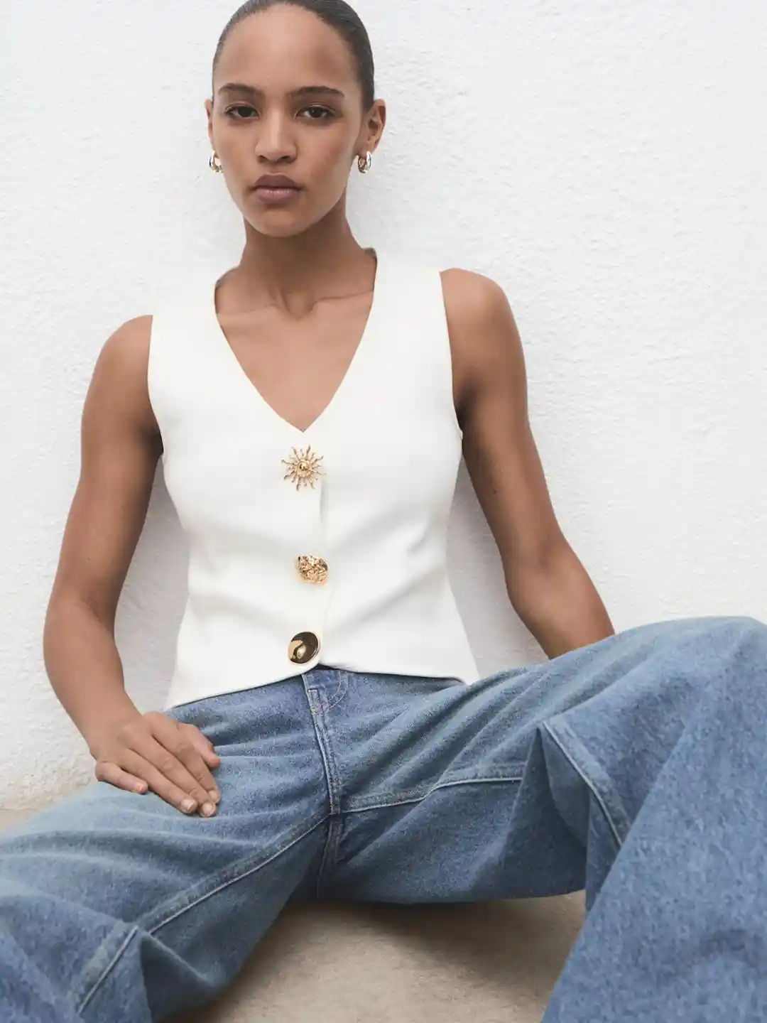 MANGO Knitted V-Neck Waistcoat With Jewel Button Detail